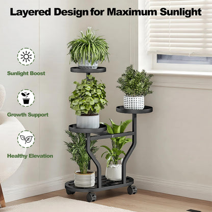 YIZAIJIA Plant Stand with Wheels 3 Tier Metal Plant Holder Corner Flower Shelf for Multiple Plants Display Rack for Bedroom Living Room Balcony Garden Black (Black, 3 Tier)