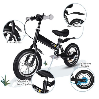 bikeboy Balance Bike 14 Inches, Dual Use Kids Bike for 2-6 Years Old, Shock Absorbers, Fenders, Pedals, Auxiliary Wheels, Black