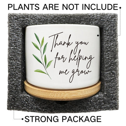 Arosedmo Thank You for Helping Me Grow Succulent Cactus Planter Pots with Bamboo Tray, Office Kitchen Home Windowsill Indoor Tabletop Decor, Gift for Friends Mom Teachers Plant Lovers