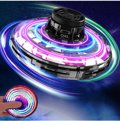 Flying Spinner Mini UFO Drone with Lights, 360°. Fidget Spinner Flying Boomerang Toys Magical Hand Controlled Gifts for Kids & Friends,Cool Game for Birthday Party Team Play (Black)