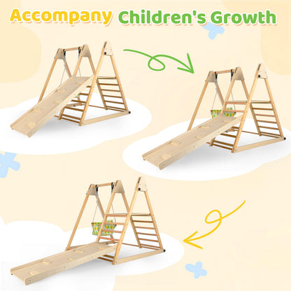 OLAKIDS Indoor Jungle Gym, 3 in 1 Wooden Foldable Montessori Toddler Climbing Toys with Adjustable Baby Swing Ramp Ladder