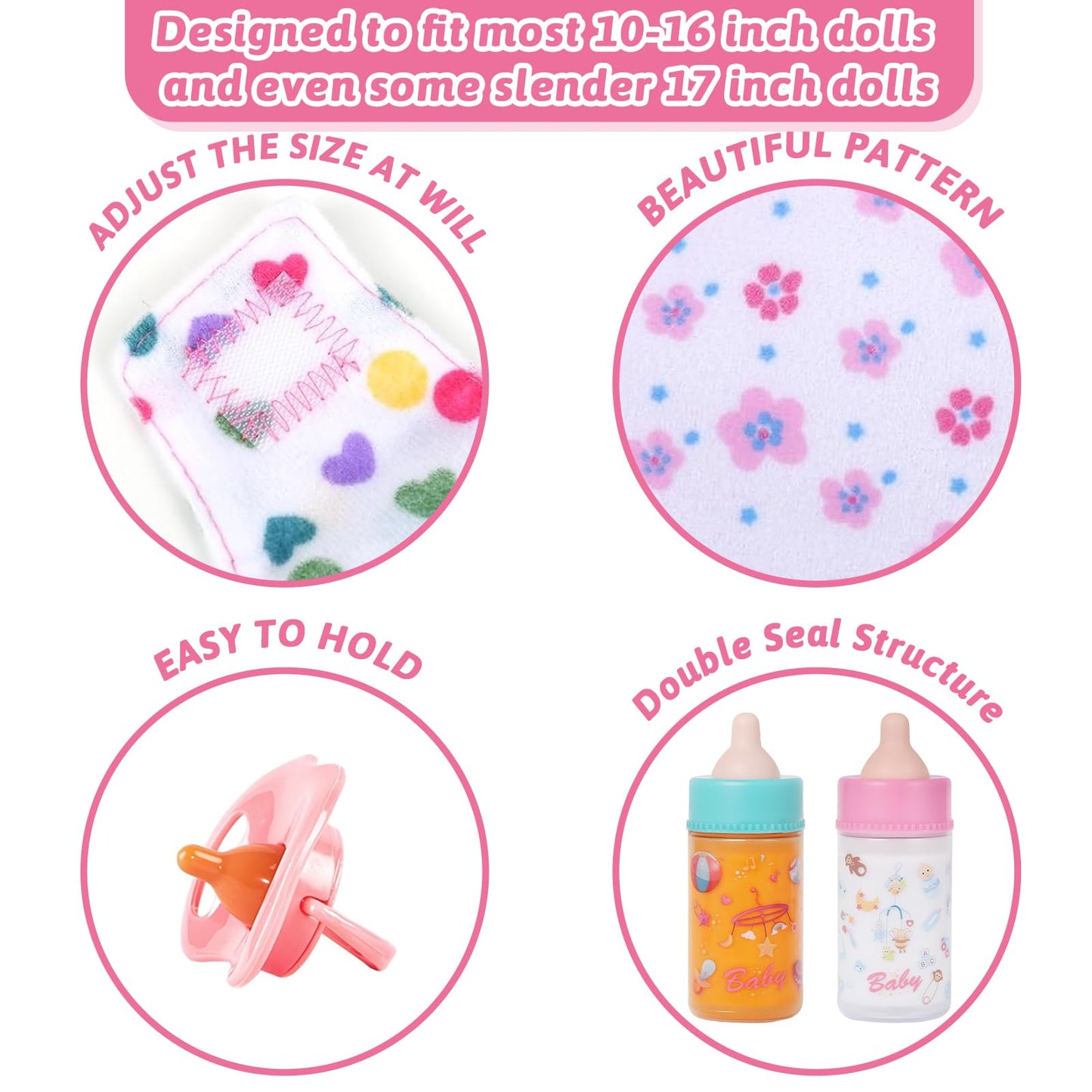 CARANOVO Baby Doll Accessories Set – 7 Pcs Feeding Bottle Toys, Magic Disappearing Milk & Juice, Pretend Play Set with Pacifiers, Reusable Bibs and Diapers, Kids Gift