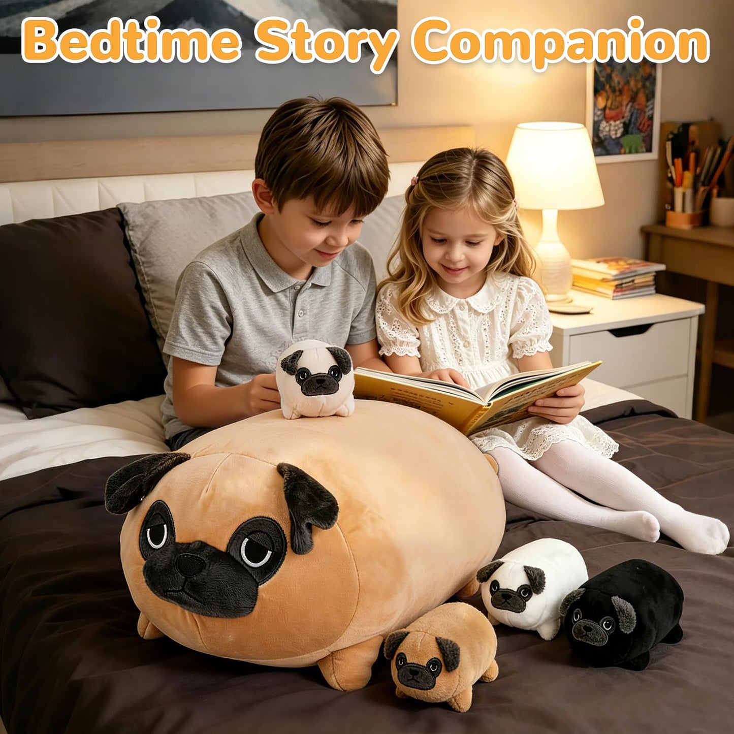 MMguai 16 Inch Large Pug Stuffed Animals with Babies, Mommy Pug Dog with Puppies Inside Belly,Soft French Bulldog Pillow Plush Toy Plushie Gift for Kids Boy Girl, Brithday Decor