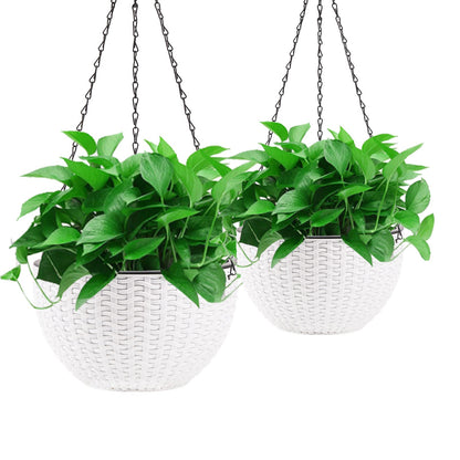 Foraineam 10.2 Inch Dual-pots Design Hanging Basket Planters Self-Watering Indoor Outdoor Hanging Flower Plant Pot with Drainer and Chain (White)