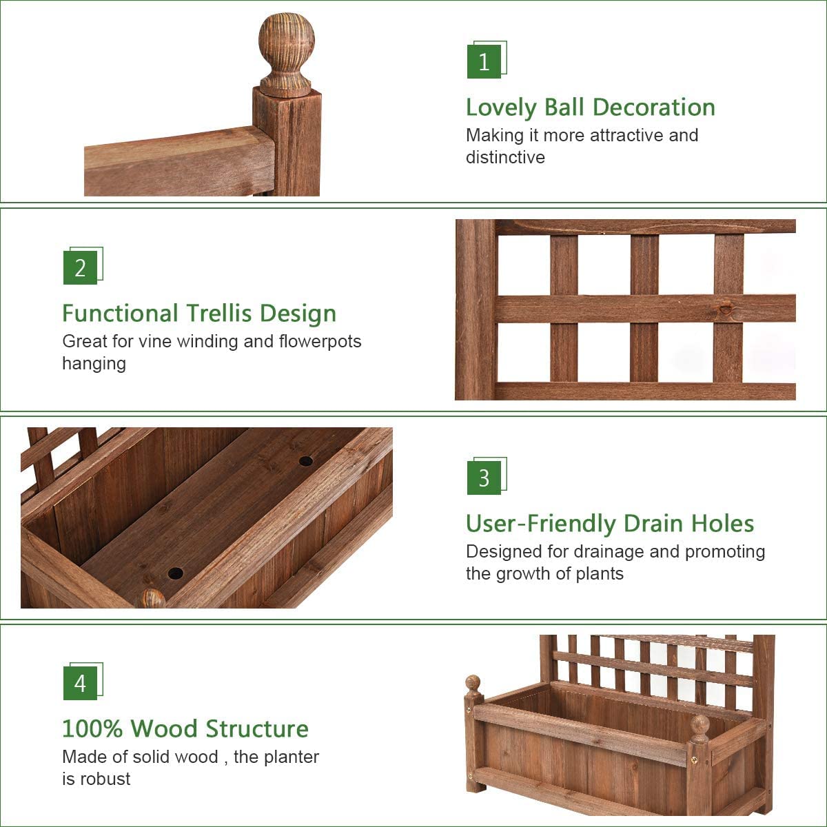 GRAFFY Wood Planter Raised Bed with Trellis, Outdoor Raised Garden Bed, Planter Box for Climbing Plants w/Drainage Holes, Free-Standing Raised Planter for Patio Garden Yard