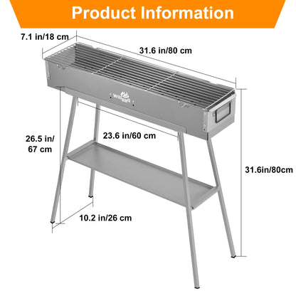 WILLBBQ Charcoal Grills Commercial Quality Portable Hibachi BBQ Lamb Skewer Detachable‌ Camping Barbecue Grill for Backyard Outdoor Cooking Use(31.6x7.1x5.1 inch)