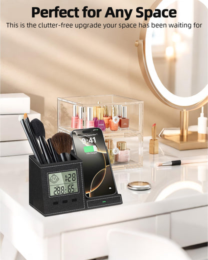 Multifunctional Pen Holder and Organizer for Desk with Wireless Charger, Digital Indoor Thermometer and Humidity Gauge, Home Office Organizers and Storage (Battery Included)