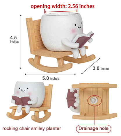 RZOIKZOI Rocking Chair Smily Face Planter with Drainage Hole, Cute Plant Pots for Indoor Outdoor Plants,Unique Funny Flower Pot for Succulents,Gift for Mother's Day, Birthday, Christmas(White)
