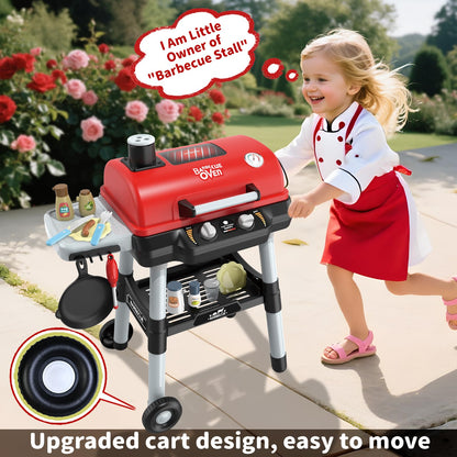Kids Play Kitchen Toys, Kids BBQ Grill Playset with Smoke Sound Light, 2-Layer Barbecue Toy with Wheel, Outdoor Play Grill Toys for Toddlers 3-5, Play Food Toys Cooking Set, Birthday Gift for Boy Girl