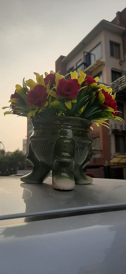 India Meets India Handmade Ceramic 3 Legs Pot Planter [Green] w/Artificial Flower, Decorative Planter for Home Décor/Living Room/Office/Dining Area and Windowsill, 4.5 x 4.5 inches
