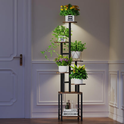 Homsorout Plant Stand Indoor with Grow Light,6-Tiered Tall Plant Stand Indoor, Metal Plant Shelf with Adjustable Light, Ideal for Living Room, Garden, Patio (Black Brown)