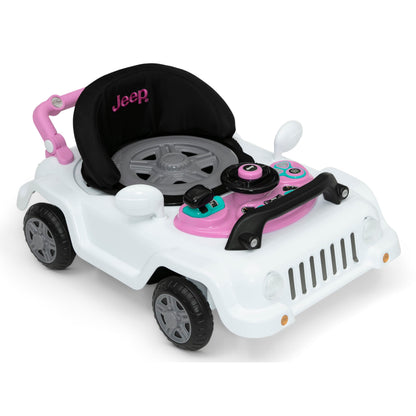 Jeep Classic Wrangler 3-in-1 Grow with Me Activity Walker - Features Music, Lights, Removable Play Tray, Push Walker Mode, Converts into Rolling Car Toy, White/Pink