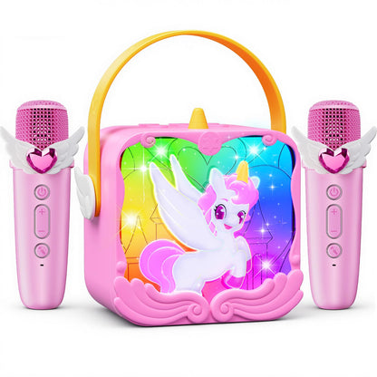Unicorn Karaoke Machine with Wings & Castle Lights,2 Gem Wireless Microphones&5 Magic Voice,Portable Mini Bluetooth Speaker,Singing Toy Birthday Gift for 3 4 5 6 7 8 9 10 11 12 Year Old Girls Age 3-12