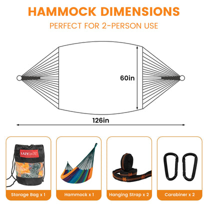 Lazy Daze Hammocks Handwoven Mayan Hammock, 10.5 FT Soft Rope Double Hammocks, Portable Outdoor Hammock with Carry Bag, 2 Straps & Carabiners for Patio Outside, 550 lbs Weight Capacity, Multi Color