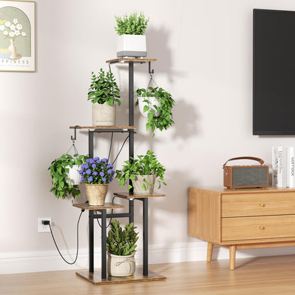 unlumm Plant Stand Indoor with Grow Lights, 46" Metal Corner Plant Shelf with 3 LED Lights, 2 Hanging Hooks, 5-Tiered Tall Plant Flower Holders for Living Room, Garden, Patio (Black Brown)