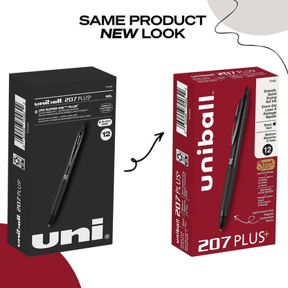 uniball™ 207 Plus+ Retractable Gel Pens, Medium Point (0.7mm), Black Ink, 12 Pack