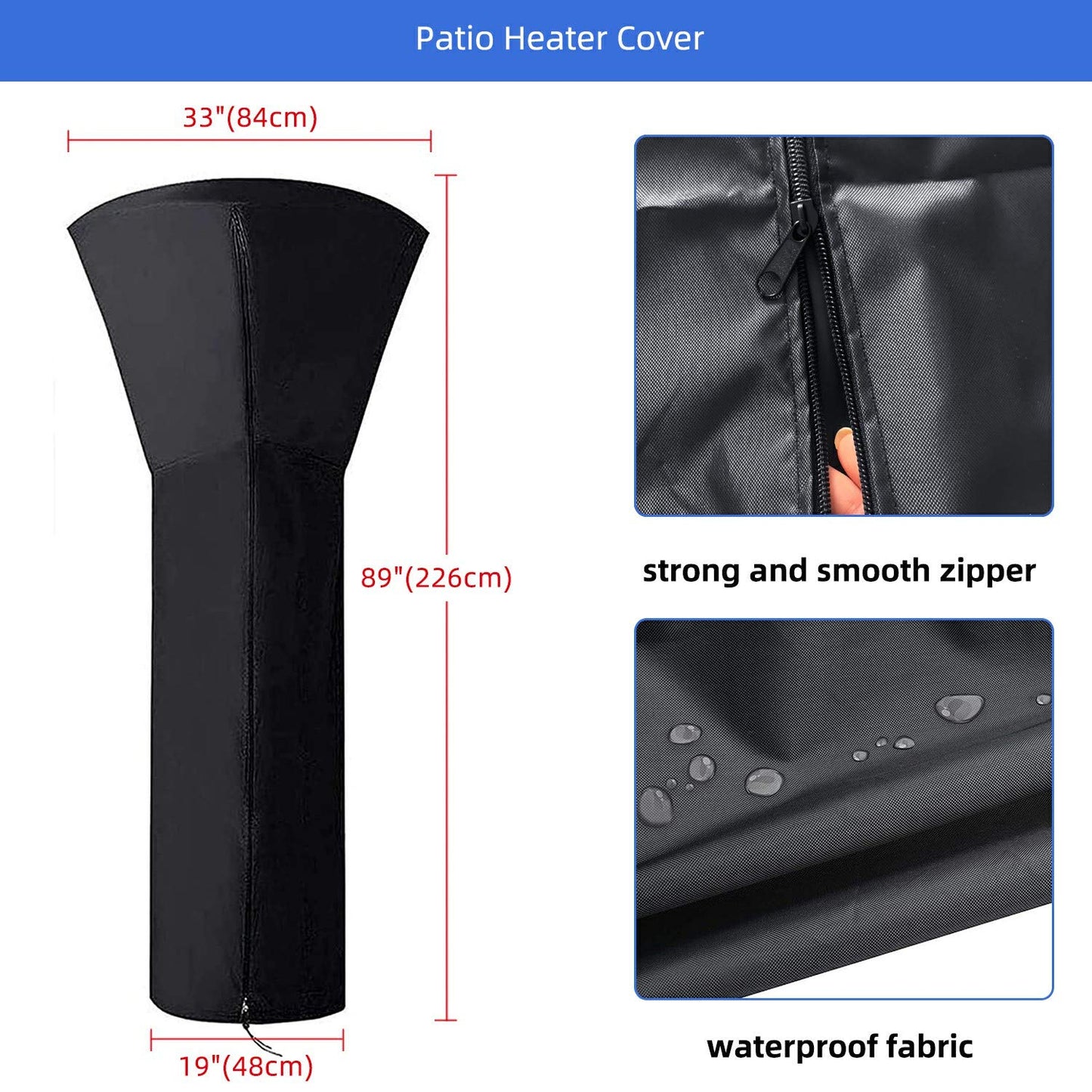 ANSTROUT 420D Patio Heater Cover, Waterproof with Zipper, Outdoor Propane Heater Cover for Any Season, Large Size: 89'H x 33'Dx19'B (Black)