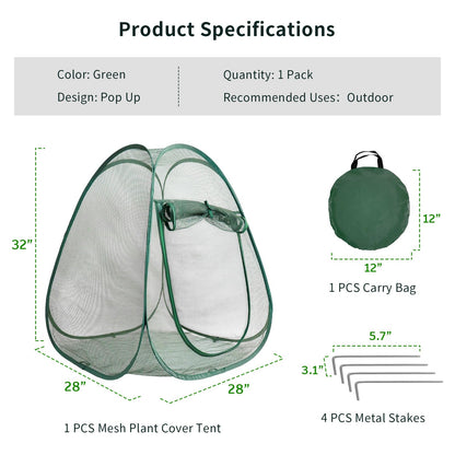 1PC Large Mesh Plant Protector Tent from Animals, 28X28X32Inch Pop Up Garden Netting Cover Green Crop Cage Plant Protection Tent to Protect Outdoor Potted Plants Flowers Fruits from Deer Birds Rabbit