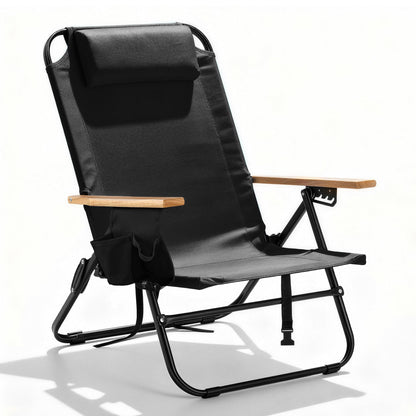 Canpsky Premium Portable Camping Chair 5-Position Recliner Beach Folding Lightweight Outdoor Chair with Wooden Armrests, Headrest, Multi-Pockets Heavy Duty 350lbs, for Patio, Backyard, Black