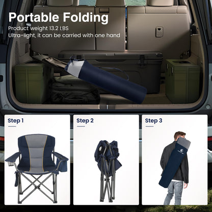 HIGH POINT SPORTS Oversized Portable Camping Folding Chair, Heavy Duty Portable Lawn Chairs, Folding Chairs for Outside with Cup Holder and Cooler Bag for Camp, Travel, Support 450 LBS, 2 Pack,Blue