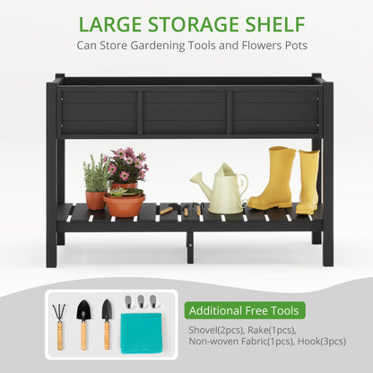 LUE BONA Raised Garden Bed with Tools, 45*18*29 in, Poly Elevated Planter Box with Legs And Storage Shelf, Weather Resistant, 3-Year Warranty, Standing Growing Bed Herb Planter for Vegetable, Black