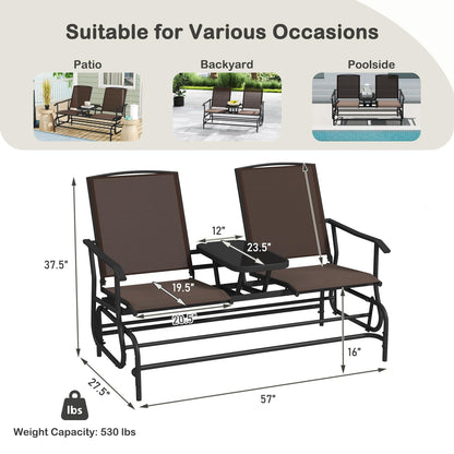 Tangkula 2 Person Swing Glider Chair, Patio Rocking Loveseat w/Center Tempered Glass Table, Outdoor Swing Bench w/Steel Frame & Breathable Mesh Fabric for Porch, Balcony, Poolside (Brown)
