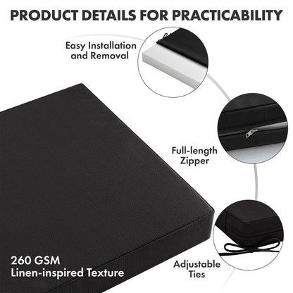 MIULEE Black Outdoor Dining Cushion 20x20 Inch Waterproof & 3 Year Color Fastness Deep Seat and Back Cushion for Patio Furniture Chair with Ties