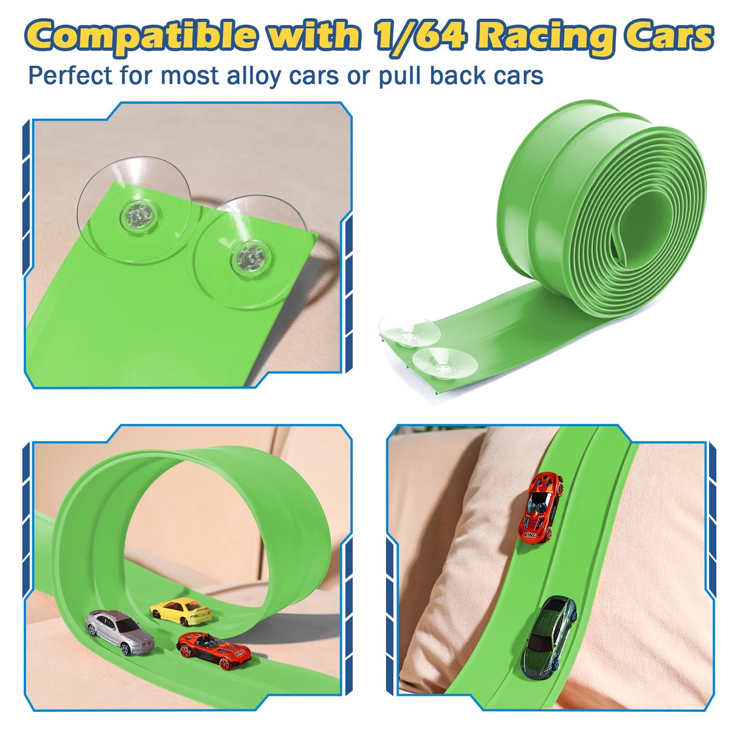 Upgrade Flexible Race Track Flex Tracks for Kids 3+, 15Ft Flexible Car Track Race Car Track Compatible with Diecast 1/64th Cars, Roll Up Race Ramp Toy with Strong Suction Cups