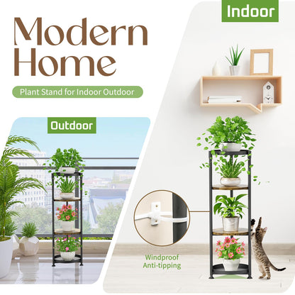 iDavosic.ly 4 Tier Corner Plant Stand Indoor, 45 Inch Tall Vertical Metal Flower Heavy Duty Pot Holder Shelf Outdoor for Patio Porch Living Room, Modern Black & Rustic Brown - Round