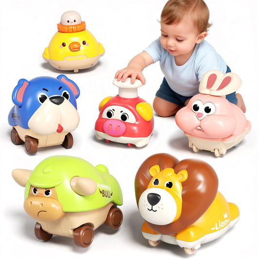 STACTCUTE 6pcs Press and Go Animal Toy Cars for Toddlers 1-3, Baby Push Go Battery-Free Long-Distance Friction Powered Vehicles for 6-12-18 Months, 1st Birthday Gifts for Boys & Girls