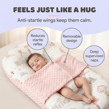 Baby Lounger Pillow for Newborn – Large Infant Lounger 0-24 Months | Anti-Startle Removable Wings, Breathable Mesh Core | 2-Sided Cotton & Minky Cover | Tummy Time Mat, Portable Baby Nest (Pink)