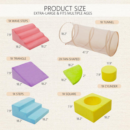 Foam Climbing Blocks Large-Scale Playset with Crawl Through Tunnel & Soft Fabric - 7+1 Piece Indoor Play Gym for Toddlers & Baby - Big Blocks Climber Toy for Crawling, Walking & Active Play (No Balls)