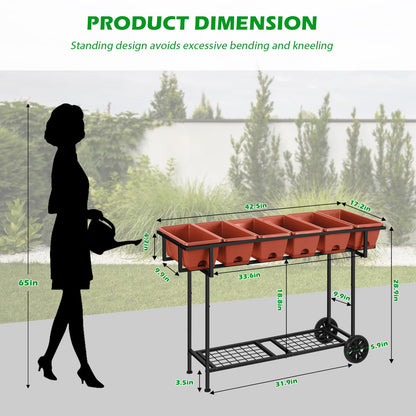 Vrisa Elevated Raised Garden Bed Outdoor with Legs 43x17x29 in Plastic Standing Planter Box with Storage Shelf and Wheels Vegetables Herbs Flowers Gardening Boxes for Backyard, Patio, Balcony, Black