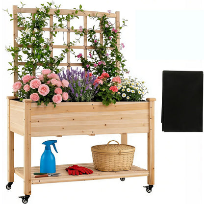 COSTWAY Wooden Raised Garden Bed with Trellis, Mobile Elevated Planter on Wheels, 285 lbs Capacity with Liner & Drainage Holes, Freestanding Outdoor Box for Climbing Plants, Vegetables, & Herbs