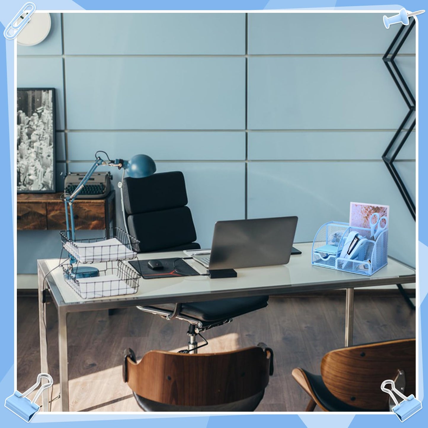 11 in 1 Blue Desk Organizer and Accessories, Blue Desk Accessories Light Blue Office Supplies Include Blue Stapler Blue Tape Dispenser Pen Holder Staple Remover Clips Ruler Scissors Tapes Tabs