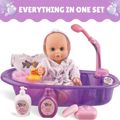 Liberty Imports Baby Bath Toys 13-Inch Little Newborn Doll Bath Set - Real Working Bathtub with Detachable Shower Spray and Accessories for Kids Pretend Play