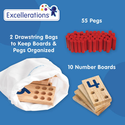 Excellerations Peg Number Board, Included: 10 Rubberwood Boards + 55 Wood Pegs + Storage Bag, Montessori Math Materials, Learning Manipulatives, Counting for Kids, Reggio Emilia Classroom Essentials