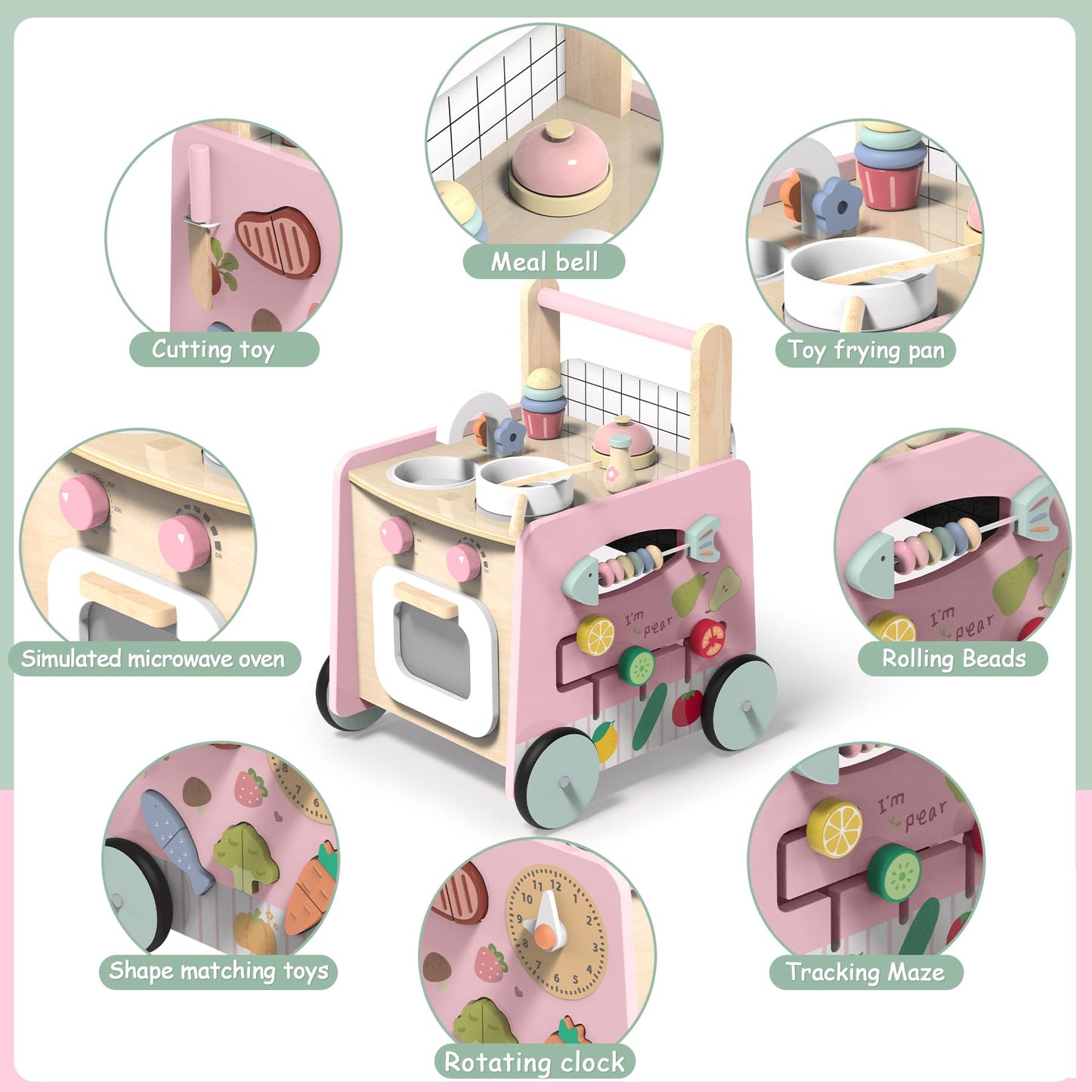 Gigglegems Wooden Baby Walker 4-in-1 with Push Walker Toys, Play Kitchen Accessories, Toddlers Montessori Sensory Toys, Walking Toys for Baby Girls Boys Learning to Walk