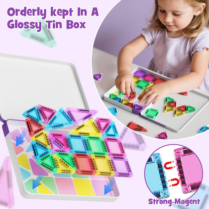 hunloot Mini Magnetic Tiles 40PCS Travel Set with Iron Storage Box, Portable STEM Building Blocks for Kids 3-8, Montessori Educational Magnet Toys for Road Trip, Airplane, Car Rides & On-The-Go Play