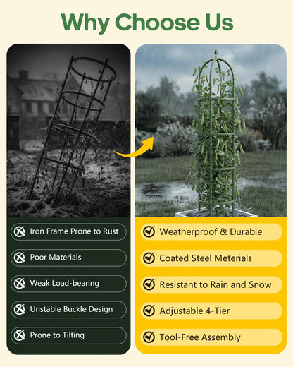 Joyhalo 2 Pack Trellis for Climbing Plants Outdoor, 6.2ft High Adjustable Garden Trellis for Flowers, Green Plastic Coated Steel Plant Stakes Use As Tomato Cage
