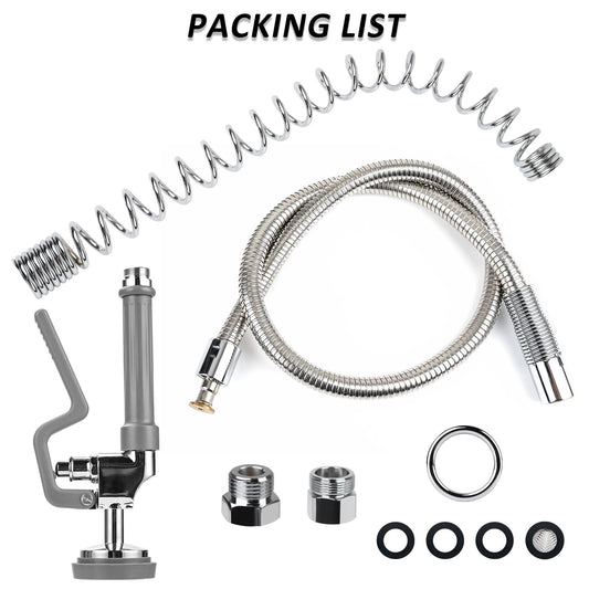 Spray Valve with 44inch Flexible Hose & Pre Rinse Spring Replacement Kit for Commercial Kitchen Sink Faucet 1.42GPM High-Pressure Restaurant Dish Sprayer Stainless Steel Hose & Overhead Spring (Grey)