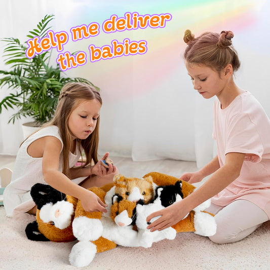 Houwsbaby 5-Piece Cat Plush Toy Set - Mommy Cat with 4 Kittens, Kitty Surprise, Parent-Child Stuffed Animals for Kids, 17''