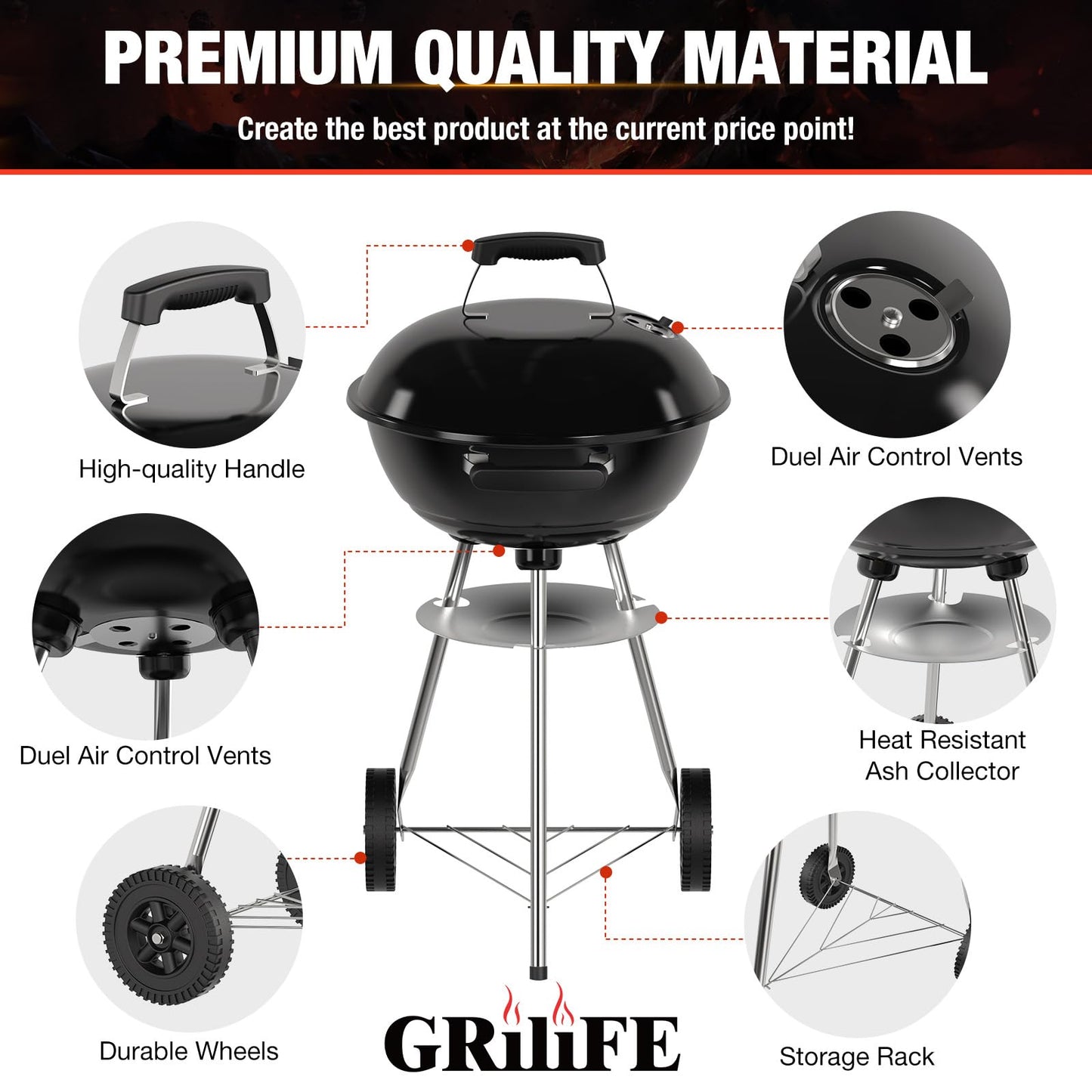 GRiliFE 18 inch Charcoal Grill, Portable Kettle BBQ Grills, Perfect BBQ Gift, Durable & Easy to Assemble, Round Barbecue Grill with Wheels and Lid for Outdoor Cooking, Patio and Beach, Black