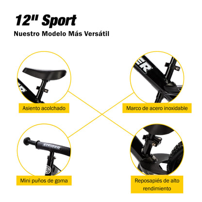 Strider 12” Sport Bike, Black - No Pedal Balance Bicycle for Kids 1 to 4 Years - Includes Safety Pad, Padded Seat, Mini Grips & Flat-Free Tires - Tool-Free Assembly & Adjustments