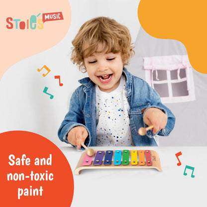 Stoie's Wooden Xylophone for Kids and Toddlers, Curved Design, 8 Notes of Rainbow Color, Tuned C-Key Xylophone with Mallets, Music Songbook, Kids Musical Instrument Educational Montessori Toys