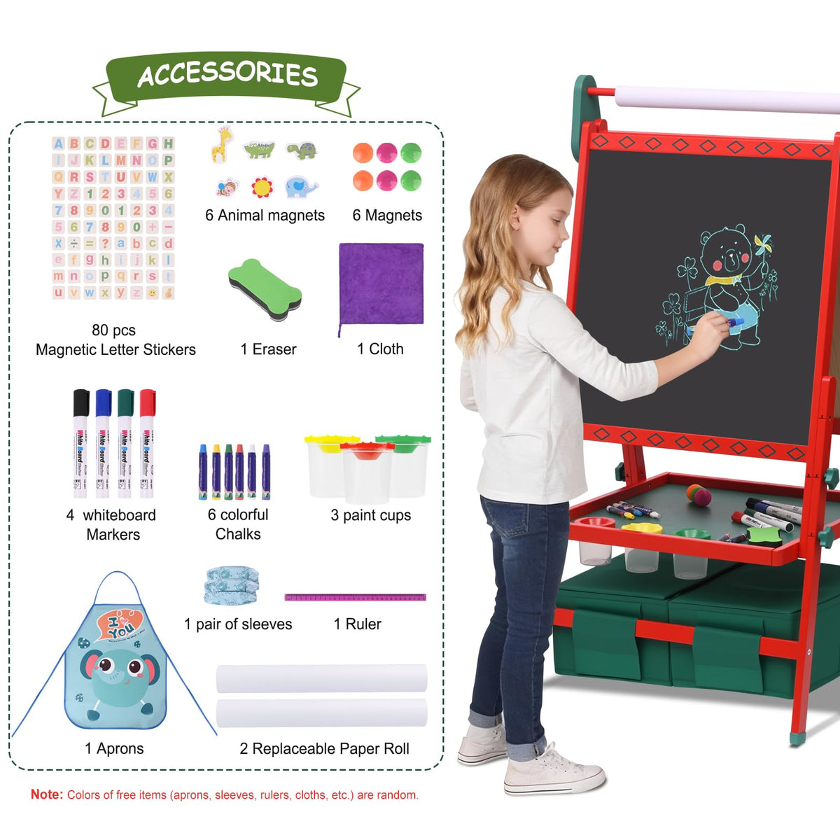 BBV Kids Wooden Easel with Paper Roll, Adjustable Magnetic Double Sided Drawing Board Whiteboard & Chalkboard Dry Easel Board, Children Art Easel for 3~12 Years Kids Boys Girls Painting Drawing（Red）
