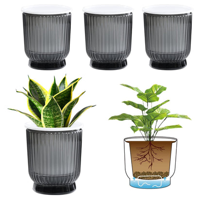 T4U 4.8 Inch Self Watering Plant Pot, 4 Pack Self Watering Pots, Self Watering Planter with Reservoir, Small Self Watering Pots for Indoor Plants, African Violets (4 Pack 4.8", Translucent Gray)