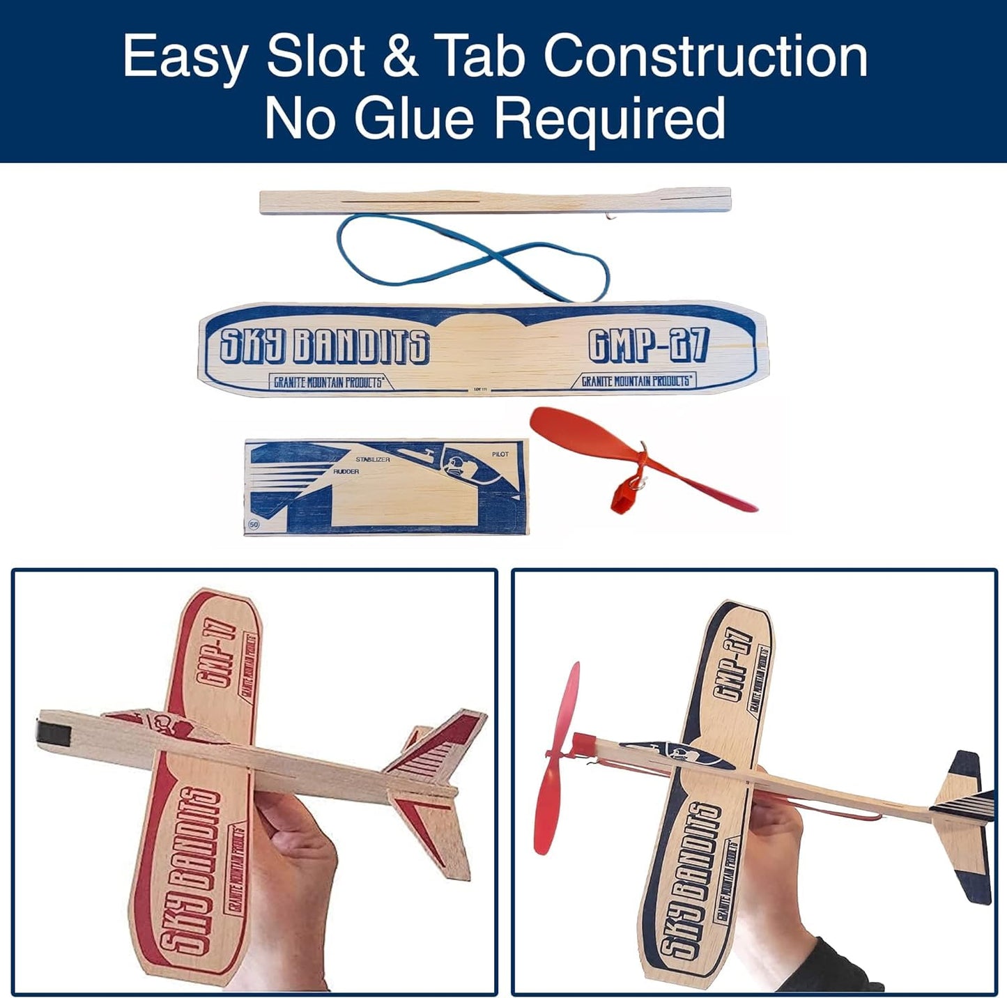 GRANITE MOUNTAIN PRODUCTS Balsa Wood Airplane Kits | Gliders and Propeller Plane Toys Set | Set of 4 Wooden Airplane | 2 Rubberband Powered Propellor Planes and 2 Balsa Wood Glider Planes