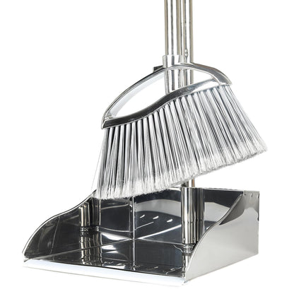 Metal Dustpan and Heavy Duty Broom Set, Stand Up Dustpan with Outdoor Stiff Bristles Broom for Hardwood Patio Room Office Floor Sweeping