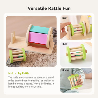 IEATFO 2-in-1 Montessori Baby Toys | Wooden Spinning Drum & Rolling Rattle Combo for 3 6 12 Months | Sensory Development Toys with Mirror, Bells & Tummy Time Play | ASTM Certified Gift (Girl/Boy)